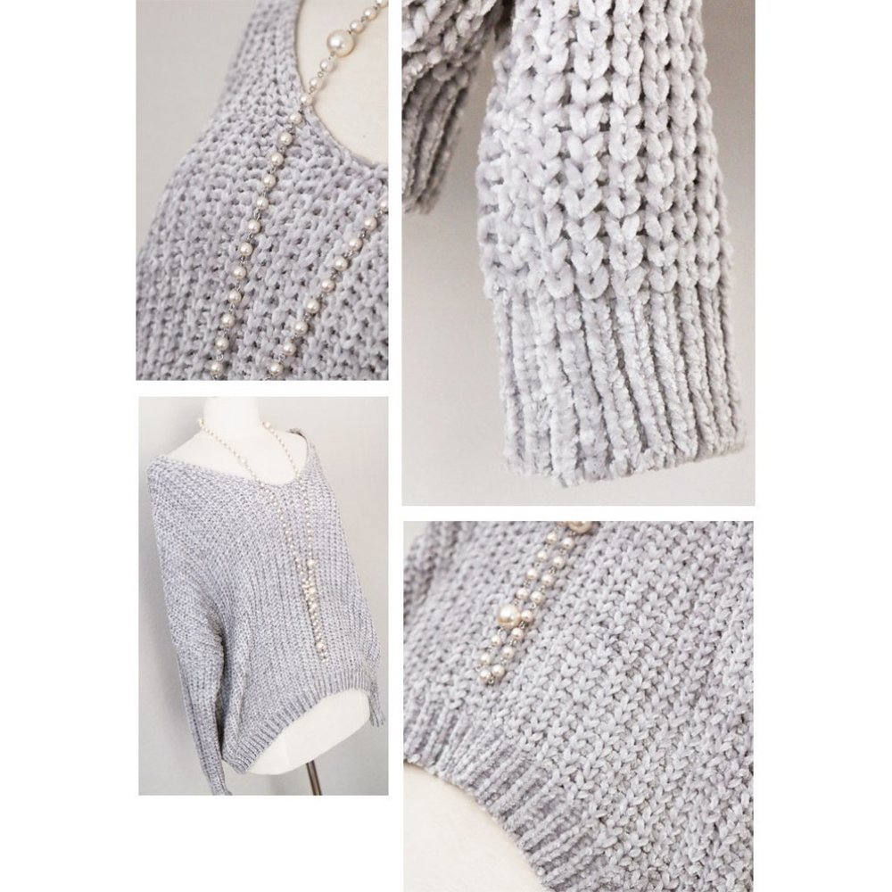 Pale Grey Off Shoulder Soft Chenille VNeck Sweater - Picture 3 of 8